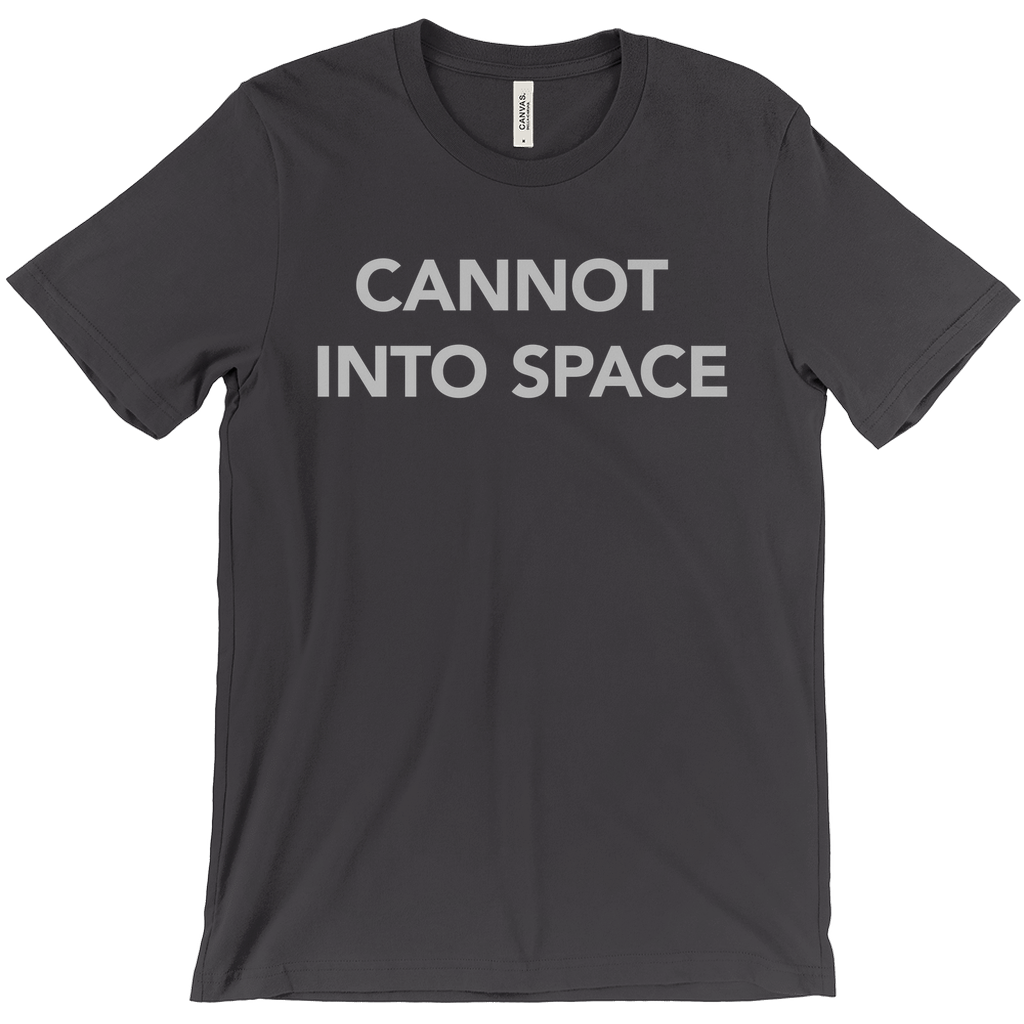 -Unisex style, crew neck, short sleeve Bella + Canvas t-shirt. Super soft, combed and ring-spun cotton. Ethically made and printed in the USA. Funny "Cannot Into Space" meme graphic t-shirt NASA countryballs astronaut poland polandball can cadet joke gift saying tee astrophysics nope no oxygen rocket shuttle moon mars-Dark Grey-Extra Small (XS)-