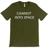 -Unisex style, crew neck, short sleeve Bella + Canvas t-shirt. Super soft, combed and ring-spun cotton. Ethically made and printed in the USA. Funny "Cannot Into Space" meme graphic t-shirt NASA countryballs astronaut poland polandball can cadet joke gift saying tee astrophysics nope no oxygen rocket shuttle moon mars-Olive-Extra Small (XS)-