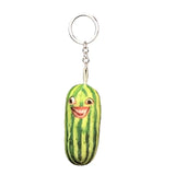 -Printed plush with attached ring for use with keys, backpack, as a zipper pull, etc. This item ships from abroad and averages 2-3 weeks for delivery to the USA. green cucumber keychain plush weird freaky face wtf watermelon striped pickle novelty toy gift -H01-