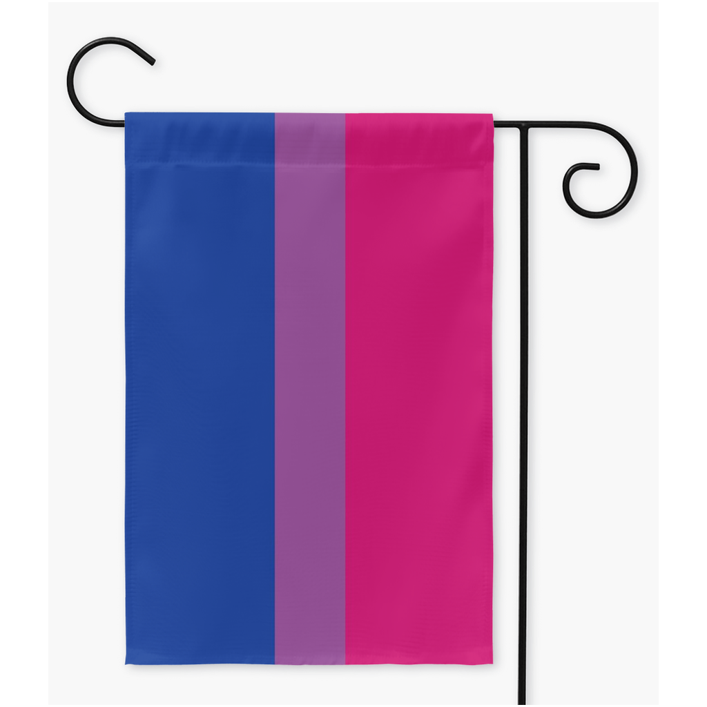 -100% poly poplin-canvas fabric, wash on gentle, hang to dry.12x18" , 18x27" or 24x36" - single or double sided. Flag hanger / stand not included.Made in and shipped from the USA. Bisexual LGBTQ LGBTQIA LGBTQX Bi Sexual Pride Trans Transgender Nonbinary Love is Love Garden Flag Rights Equality Protest We Say Gay -Double-12x18 inch-