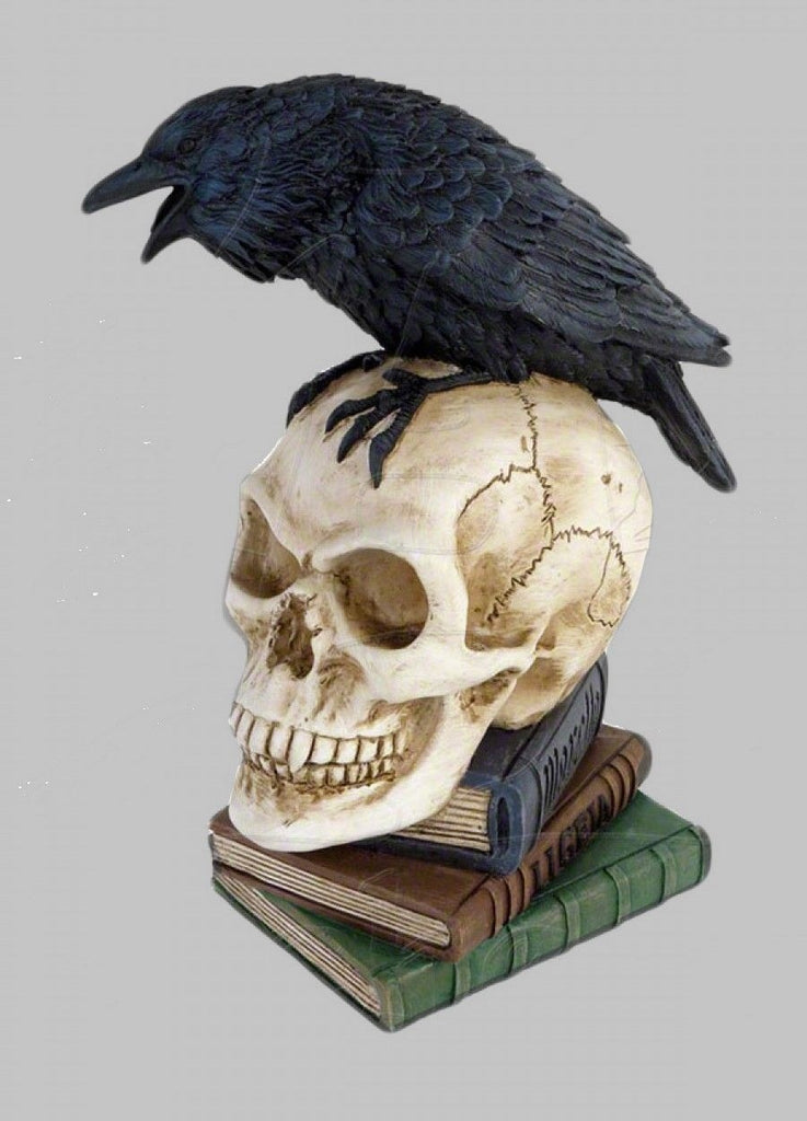Poe's Raven Skull Statue, Alchemy Gothic - 8in, Classic Horror Decor-