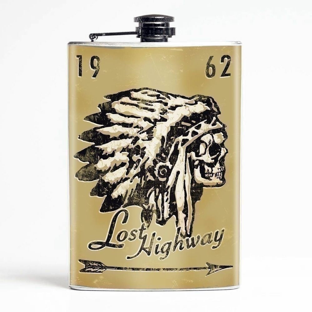-The lost highways, like old Route 66, will be forever remembered. Brand New 8oz stainless steel flask with easy closure screw cap lid. Full wrap waterproof artwork by Doug P'gosh. Brand new. Ships from the USA. retro americana kustom kulture weathered skull in native headdress drinking retroagogo 1962 punk rockabilly-