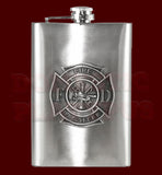 Fire Fighter Emblem Flask, 8oz Stainless Steel, Custom Engraving -New 8oz Stainless Steel Flask with Fire Fighter Emblem. Measures approximately 5.5" tall and 3.75" wide and holds eight shots. Can be custom engraved above and/or below emblem. Made to order, ships in 2-4 business days from within the USA. Firefighter First Responder Fireman Fire Department Logo Engraving Gift-
