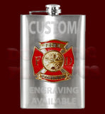 Fire Fighter Emblem Flask, 8oz Stainless Steel, Custom Engraving -New 8oz Stainless Steel Flask with Fire Fighter Emblem. Measures approximately 5.5" tall and 3.75" wide and holds eight shots. Can be custom engraved above and/or below emblem. Made to order, ships in 2-4 business days from within the USA. Firefighter First Responder Fireman Fire Department Logo Engraving Gift-