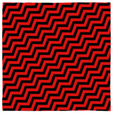-Polyester jersey knit 24 inch square bandana, kerchief, handkerchief, hanky, neckerchief, do-rag, facemask, headscarf, babushka, hankey. Custom made. Retro vintage style wizard star pattern. Twin lodge pattern zigzag peaks red and black classic retro surreal mystery suspense opart design. Horizontal or diagonal stripes.-Diagonal-