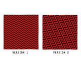 -Polyester jersey knit 24 inch square bandana, kerchief, handkerchief, hanky, neckerchief, do-rag, facemask, headscarf, babushka, hankey. Custom made. Retro vintage style wizard star pattern. Twin lodge pattern zigzag peaks red and black classic retro surreal mystery suspense opart design. Horizontal or diagonal stripes.-