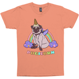 Magical Pugicorn Shirt - Funny Unicorn Pug and Rainbow Graphic Tee-The Pugicorn... half pug, half unicorn, all magic. Super cute retro pug illustration with ice cream cone unicorn horn, wings strapped on and ready for flight. High quality mens / unisex style graphic tee. Cute funny ice cream cone unicorn pug dog shirt.-Coral-Small-