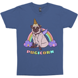 Magical Pugicorn Shirt - Funny Unicorn Pug and Rainbow Graphic Tee-The Pugicorn... half pug, half unicorn, all magic. Super cute retro pug illustration with ice cream cone unicorn horn, wings strapped on and ready for flight. High quality mens / unisex style graphic tee. Cute funny ice cream cone unicorn pug dog shirt.-Indigo-Small-