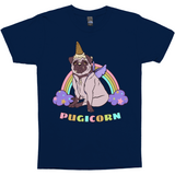 Magical Pugicorn Shirt - Funny Unicorn Pug and Rainbow Graphic Tee-The Pugicorn... half pug, half unicorn, all magic. Super cute retro pug illustration with ice cream cone unicorn horn, wings strapped on and ready for flight. High quality mens / unisex style graphic tee. Cute funny ice cream cone unicorn pug dog shirt.-Navy-Small-