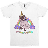 Magical Pugicorn Shirt - Funny Unicorn Pug and Rainbow Graphic Tee-The Pugicorn... half pug, half unicorn, all magic. Super cute retro pug illustration with ice cream cone unicorn horn, wings strapped on and ready for flight. High quality mens / unisex style graphic tee. Cute funny ice cream cone unicorn pug dog shirt.-White-Small-
