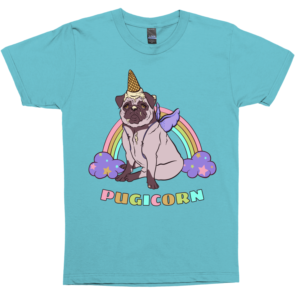 Magical Pugicorn Shirt - Funny Unicorn Pug and Rainbow Graphic Tee-The Pugicorn... half pug, half unicorn, all magic. Super cute retro pug illustration with ice cream cone unicorn horn, wings strapped on and ready for flight. High quality mens / unisex style graphic tee. Cute funny ice cream cone unicorn pug dog shirt.-Aqua-Small-