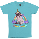 Magical Pugicorn Shirt - Funny Unicorn Pug and Rainbow Graphic Tee-The Pugicorn... half pug, half unicorn, all magic. Super cute retro pug illustration with ice cream cone unicorn horn, wings strapped on and ready for flight. High quality mens / unisex style graphic tee. Cute funny ice cream cone unicorn pug dog shirt.-Aqua-Small-