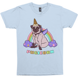 Magical Pugicorn Shirt - Funny Unicorn Pug and Rainbow Graphic Tee-The Pugicorn... half pug, half unicorn, all magic. Super cute retro pug illustration with ice cream cone unicorn horn, wings strapped on and ready for flight. High quality mens / unisex style graphic tee. Cute funny ice cream cone unicorn pug dog shirt.-Baby Blue-Small-