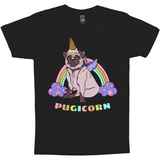 Magical Pugicorn Shirt - Funny Unicorn Pug and Rainbow Graphic Tee-The Pugicorn... half pug, half unicorn, all magic. Super cute retro pug illustration with ice cream cone unicorn horn, wings strapped on and ready for flight. High quality mens / unisex style graphic tee. Cute funny ice cream cone unicorn pug dog shirt.-Black-Small-