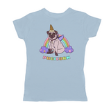 Magical Pugicorn Graphic Women's Tee, Cute Rainbow Unicorn Pug Shirt-The Pugicorn... half pug, half unicorn, all magic. Super cute retro pug illustration with ice cream cone unicorn horn, wings strapped on and ready for flight. High quality mens / unisex style graphic tee. Cute funny ice cream cone unicorn pug dog shirt.-Small-Baby Blue-