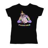 Magical Pugicorn Graphic Women's Tee, Cute Rainbow Unicorn Pug Shirt-The Pugicorn... half pug, half unicorn, all magic. Super cute retro pug illustration with ice cream cone unicorn horn, wings strapped on and ready for flight. High quality mens / unisex style graphic tee. Cute funny ice cream cone unicorn pug dog shirt.-Small-Black-