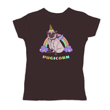Magical Pugicorn Graphic Women's Tee, Cute Rainbow Unicorn Pug Shirt-The Pugicorn... half pug, half unicorn, all magic. Super cute retro pug illustration with ice cream cone unicorn horn, wings strapped on and ready for flight. High quality mens / unisex style graphic tee. Cute funny ice cream cone unicorn pug dog shirt.-Small-Brown-
