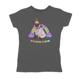 Magical Pugicorn Graphic Women's Tee, Cute Rainbow Unicorn Pug Shirt-The Pugicorn... half pug, half unicorn, all magic. Super cute retro pug illustration with ice cream cone unicorn horn, wings strapped on and ready for flight. High quality mens / unisex style graphic tee. Cute funny ice cream cone unicorn pug dog shirt.-Small-Charcoal-