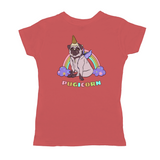 Magical Pugicorn Graphic Women's Tee, Cute Rainbow Unicorn Pug Shirt-The Pugicorn... half pug, half unicorn, all magic. Super cute retro pug illustration with ice cream cone unicorn horn, wings strapped on and ready for flight. High quality mens / unisex style graphic tee. Cute funny ice cream cone unicorn pug dog shirt.-Small-Coral-