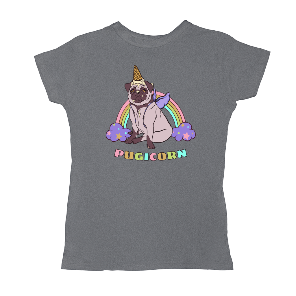 Magical Pugicorn Graphic Women's Tee, Cute Rainbow Unicorn Pug Shirt-The Pugicorn... half pug, half unicorn, all magic. Super cute retro pug illustration with ice cream cone unicorn horn, wings strapped on and ready for flight. High quality mens / unisex style graphic tee. Cute funny ice cream cone unicorn pug dog shirt.-Small-Heather Grey-