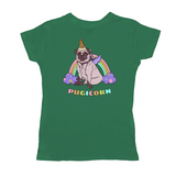 Magical Pugicorn Graphic Women's Tee, Cute Rainbow Unicorn Pug Shirt-The Pugicorn... half pug, half unicorn, all magic. Super cute retro pug illustration with ice cream cone unicorn horn, wings strapped on and ready for flight. High quality mens / unisex style graphic tee. Cute funny ice cream cone unicorn pug dog shirt.-Small-Kelly-