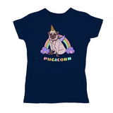 Magical Pugicorn Graphic Women's Tee, Cute Rainbow Unicorn Pug Shirt-The Pugicorn... half pug, half unicorn, all magic. Super cute retro pug illustration with ice cream cone unicorn horn, wings strapped on and ready for flight. High quality mens / unisex style graphic tee. Cute funny ice cream cone unicorn pug dog shirt.-Small-Navy-