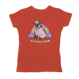 Magical Pugicorn Graphic Women's Tee, Cute Rainbow Unicorn Pug Shirt-The Pugicorn... half pug, half unicorn, all magic. Super cute retro pug illustration with ice cream cone unicorn horn, wings strapped on and ready for flight. High quality mens / unisex style graphic tee. Cute funny ice cream cone unicorn pug dog shirt.-Small-Orange-
