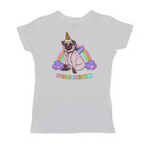 Magical Pugicorn Graphic Women's Tee, Cute Rainbow Unicorn Pug Shirt-The Pugicorn... half pug, half unicorn, all magic. Super cute retro pug illustration with ice cream cone unicorn horn, wings strapped on and ready for flight. High quality mens / unisex style graphic tee. Cute funny ice cream cone unicorn pug dog shirt.-Small-Silver-