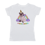 Magical Pugicorn Graphic Women's Tee, Cute Rainbow Unicorn Pug Shirt-The Pugicorn... half pug, half unicorn, all magic. Super cute retro pug illustration with ice cream cone unicorn horn, wings strapped on and ready for flight. High quality mens / unisex style graphic tee. Cute funny ice cream cone unicorn pug dog shirt.-Small-White-
