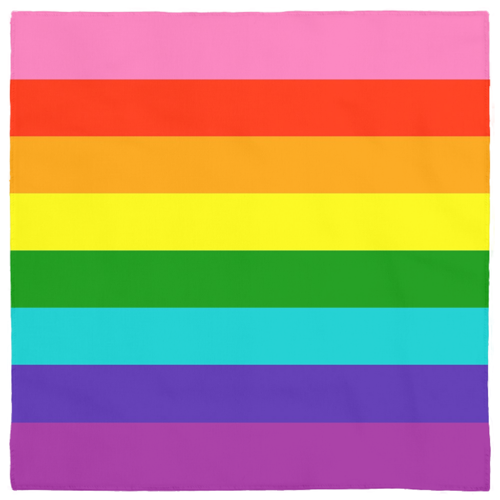 LGBTQIA 8 Stripe Rainbow - Gilbert Baker Gay Pride Flag Striped LGBTQ-Polyester jersey knit 24 inch square bandana, kerchief, handkerchief, hanky, neckerchief, do-rag, facemask, headscarf, babushka, hankey. GLBT LGBT LGBTQ LGBTQIA LGBTQX LGBTQ Plus LGBTQ+ Gay Lesbian Trans Transgender Queer Nonbinary Gender Sexuality Pride Rights original 8 stripe rainbow bandanas.-Horizontal Stripes-