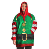 Christmas Elf Costume Snug Blanket Hoodie, One Size Minky Micro Fleece-Fun and festive Elf costume pattern one-size fits all wearable blanket. Snuggle blanket hoodie with silky smooth micro-mink polyester exterior and ultra soft microfiber fleece interior lining. Quality, high definition holiday helper all over print design. Snuggle up and stay in, warm blanket when the weather turns cold-