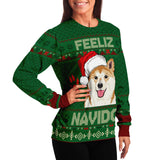 -Funny all-over-print unisex sweatshirt made of soft and comfortable cotton/polyester/spandex blend with brushed fleece interior. Each panel is individually printed, cut and sewn to ensure a flawless graphic that won't crack or peel. Mens womens Christmas feliz navidad doge shiba inu dog xmas humor puppy pullover jumper-