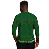 -Funny all-over-print unisex sweatshirt made of soft and comfortable cotton/polyester/spandex blend material with brushed fleece interior! Each panel is individually printed, cut and sewn to ensure a flawless graphic that won't crack or peel. Mens womens Christmas feliz navidad dog xmas humor puppy pullover jumper-