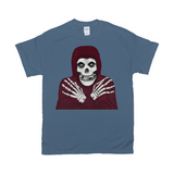 Crmson Ghost Graphic Tee, Classic Horror Icon, Small to 5X, Low Prices-100% cotton Gildan fine jersey fitted unisex tee. 3-5 days from USA. Crimson Ghost classic serial horror film icon. Skeleton with hooded skull, crossed skeletal hands. This skull faced fiend is the perfect grim reaper for punk rock pirates and misfits though few today would desire a post Cyclotrode X world. Haloween-Indigo Blue-Small (S)-