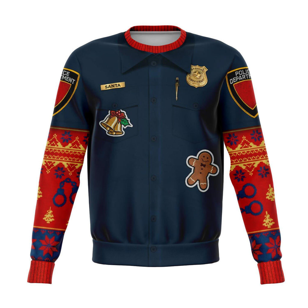 Funny Police Navidad Christmas Cop Costume Sweatshirt / AOP Pullover-Funny 'Police Navidad' Christmas Cop costume patter all over print (AOP) holiday jumper / sweatshirt. Unisex adult XS, Small, Medium, Large, XL, 2XL, 3XL, 4XL. Made-to-order. 2 weeks to the US. Humorous law enforcement xmas pun Feliz Navidad, Merry Christmas, Officer Santa, Holiday security, gift guard, casuall cosplay-XS-