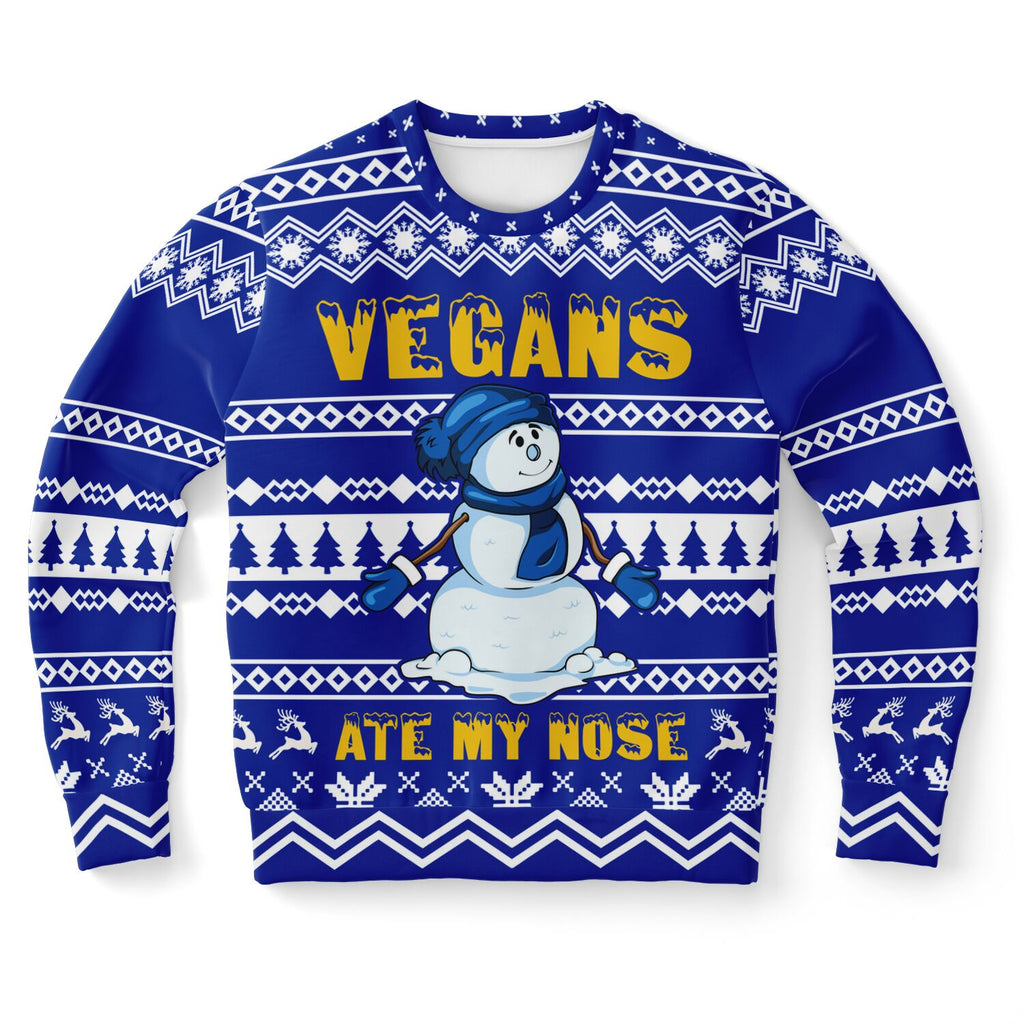 -Funny all-over-print unisex sweatshirt made of soft, comfortable cotton/polyester/spandex blend with brushed fleece interior. Each panel is individually printed, cut & sewn to ensure a flawless graphic that won't crack or peel. funny veganism vegetarian winter holiday hanukkah christmas mens womens jumper ugly sweater-XS-