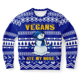 -Funny all-over-print unisex sweatshirt made of soft, comfortable cotton/polyester/spandex blend with brushed fleece interior. Each panel is individually printed, cut & sewn to ensure a flawless graphic that won't crack or peel. funny veganism vegetarian winter holiday hanukkah christmas mens womens jumper ugly sweater-XS-