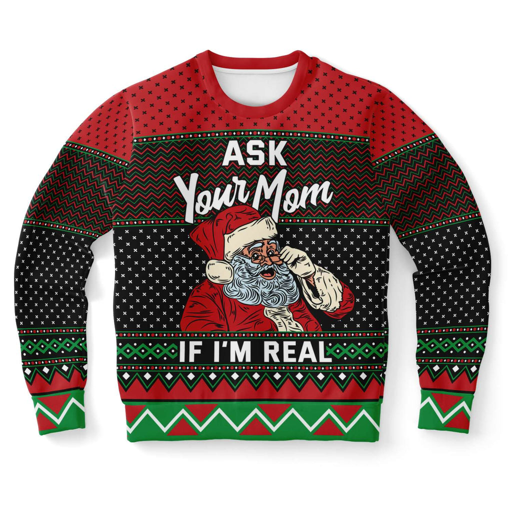 -Funny all-over-print unisex sweatshirt made of soft and comfortable cotton/polyester/spandex blend with brushed fleece interior. Each panel is individually printed, cut and sewn to ensure a flawless graphic that won't crack or peel. Mens womens Christmas pullover jumper ugly sweater santa claus your mom mommy joke-XS-
