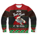 -Funny all-over-print unisex sweatshirt made of soft and comfortable cotton/polyester/spandex blend with brushed fleece interior. Each panel is individually printed, cut and sewn to ensure a flawless graphic that won't crack or peel. Mens womens Christmas pullover jumper ugly sweater santa claus your mom mommy joke-XS-