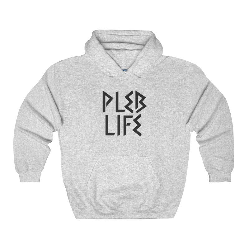 Funny PLEB LIFE Hoodie, Mens / Unisex Plebian Sizes, Gildan USA-Gildan hoodie made of 50% Cotton, 50% Polyester blended fleece fabric. Made with soft air jet yarn. Double-lined hood with matching drawstring. Double-needle stitching. Pouch pocket. Set in sleeves. 1x1 athletic rib knit cuffs with spandex. Hooded sweatshirts shipped from USA. Rome Roman Plebs Plebians Patrician-