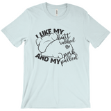 -Soft, comfortable mens/unisex style Airlume combed and ring-spun cotton shirt. Made-to-order and shipped form the USA. Funny dirty naughty bbq barbeque bar-b-que barbecue pork sex joke butt rubbed pig piggy t-shirt boyfriend gift -Heather Ice Blue-Medium (M)-