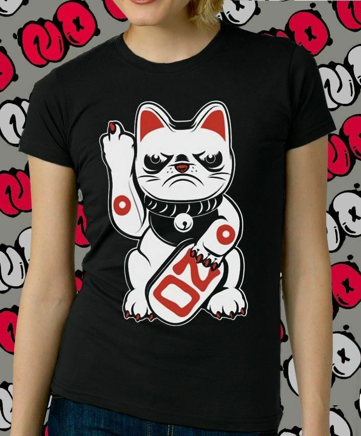 -High quality black 100% cotton tee with large, professional screenprint. Seamed rib knit collar, two needle hemmed sleeves & bottom. Available in mens/unisex and fitted womens/ juniors styles. New Old Stock. Ships from the USA. funny grumpy lucky cat no punk gothic harajuku streetwear kitty classic graphic t-shirt -
