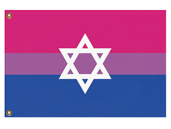 Bisexual Jewish Pride Flag, Intersectional LGBT LGBTQ LGBTQIA Banner-High quality, professionally printed polyester flag in your choice of size and style, single or fully double-sided with blackout layer, grommets or pole pocket / sleeve. 2x1ft / 1x2ft, 3x2ft / 2x3ft, 5x3ft / 3x5ft, custom. Fully customizable. Bi Bisexual Jewish Intersectional Pride Flag Rights Equaity Magan Star of David-