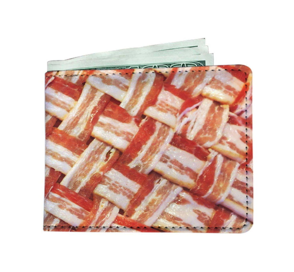 Bacon Weave Wallet, Funny Faux Leather High Quality 12 Pocket Billfold-High quality Bi-fold wallet made of environmentally friendly, faux-leather material with built-in RFID protection. Made-to-order. Funny bifold leatherette billfold wallet. Classic bacon lover weird meme gift for him, mens boys front pocket paper cash bill money, credit card and ID slots. -