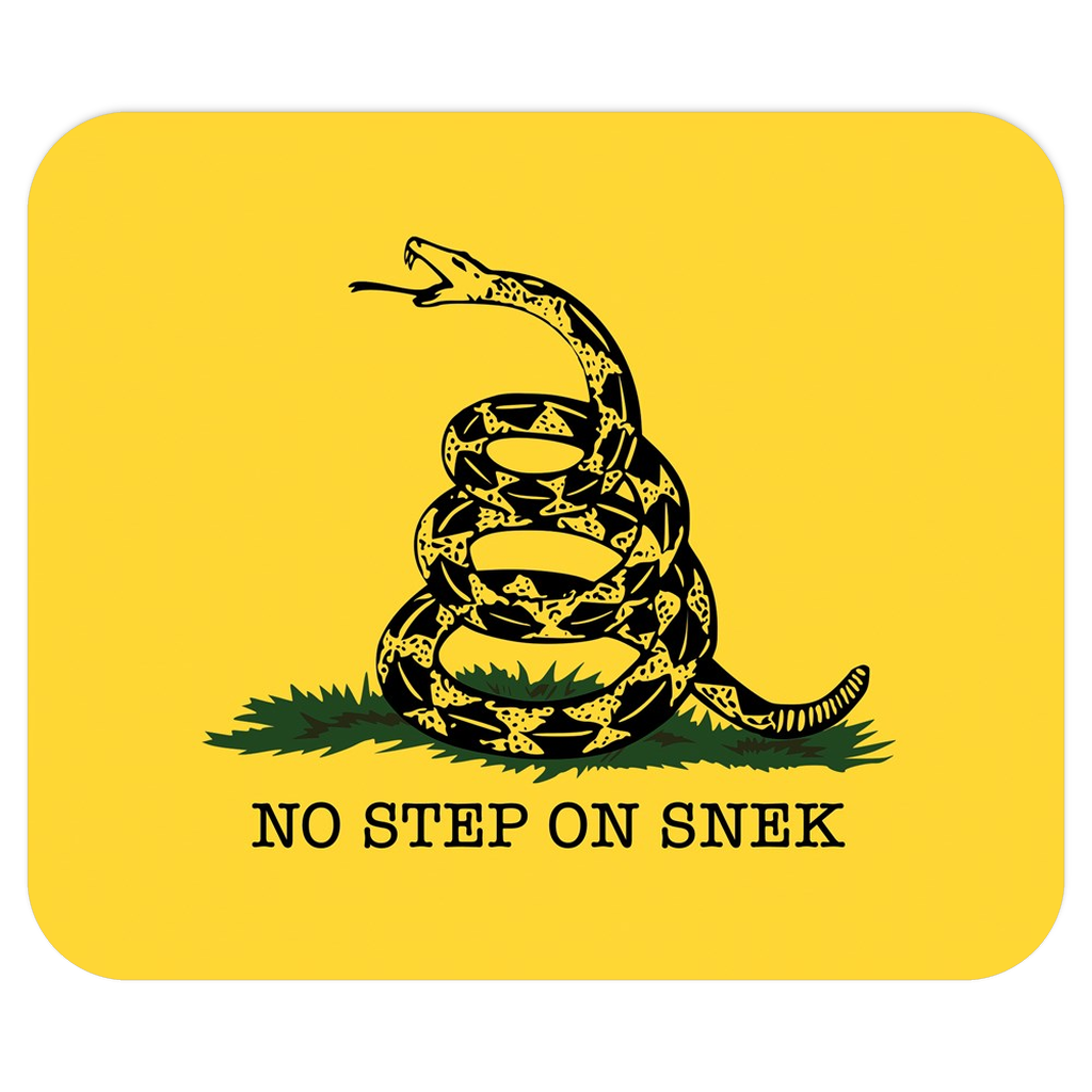 No Step on Snek Mousepad, Funny Gadsden Don't Tread On Me Snake Parody-Soft and comfortable 9x7 inch mousepad made from high density neoprene with a colorfast, stain resistant and easy to clean smooth fabric top layer.These items are made-to-order and typically ship in 2-3 business days from within the US. Funny Gadsden "Don't Tread On Me" Snake parody meme. Yellow mouse pa-