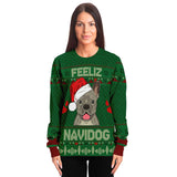 -Funny all-over-print unisex sweatshirt made of soft and comfortable cotton/polyester/spandex blend material with brushed fleece interior! Each panel is individually printed, cut and sewn to ensure a flawless graphic that won't crack or peel. Mens womens Christmas feliz navidad dog humor frenchie puppy pullover jumper-