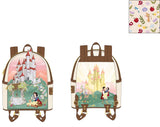 -Vegan faux leather Disney Castle series mini backpack with applique, embroidered, and printed detailing, metal hardware with enamel zipper charm. Suitable for adults and children with adjustable straps. 9x10.5x4.5in Genuine Loungefly, officially licensed-