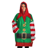 Christmas Elf Costume Snug Blanket Hoodie, One Size Minky Micro Fleece-Fun and festive Elf costume pattern one-size fits all wearable blanket. Snuggle blanket hoodie with silky smooth micro-mink polyester exterior and ultra soft microfiber fleece interior lining. Quality, high definition holiday helper all over print design. Snuggle up and stay in, warm blanket when the weather turns cold-