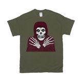 Crmson Ghost Graphic Tee, Classic Horror Icon, Small to 5X, Low Prices-100% cotton Gildan fine jersey fitted unisex tee. 3-5 days from USA. Crimson Ghost classic serial horror film icon. Skeleton with hooded skull, crossed skeletal hands. This skull faced fiend is the perfect grim reaper for punk rock pirates and misfits though few today would desire a post Cyclotrode X world. Haloween-Military Green-Small (S)-