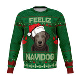 -Funny all-over-print unisex sweatshirt made of soft and comfortable cotton/polyester/spandex blend with brushed fleece interior!. Each panel is individually printed, cut and sewn to ensure a flawless graphic that won't crack or peel. Mens womens Christmas feliz navidad dog xmas humor lab labbie puppy pullover jumper-